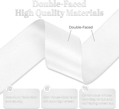 White Satin Ribbon, Double Faced 1-1/2 Inch X 25 Yards White Ribbon, Premium Satin Ribbon for Gift Wrapping, Crafts, Hair Bow Making, Sewing, Flower Bouquet, Wedding Party Decor