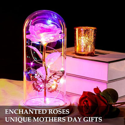 Beferr Christmas Birthday Gifts for Women, Mom Gifts for Christmas Galaxy Glass Rose Forever Preserved Flowers for Delivery Prime Rose in Glass Dome Xmas Gifts for Grandma Wife Sister Her, NPink