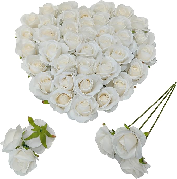 Artificial Satin Rose Flower Heads,42 Pcs Silk Rose Heads with Stems,3.5'' Rose Artificial Flowers Bulk,Artificial Rose Flower Heads for DIY Crafts Bouquet (42, White)