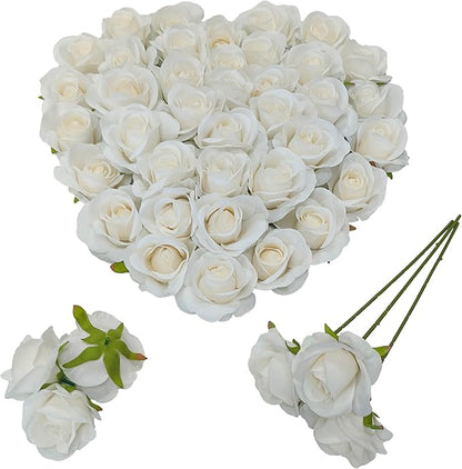 Artificial Satin Rose Flower Heads,42 Pcs Silk Rose Heads with Stems,3.5'' Rose Artificial Flowers Bulk,Artificial Rose Flower Heads for DIY Crafts Bouquet (42, White)