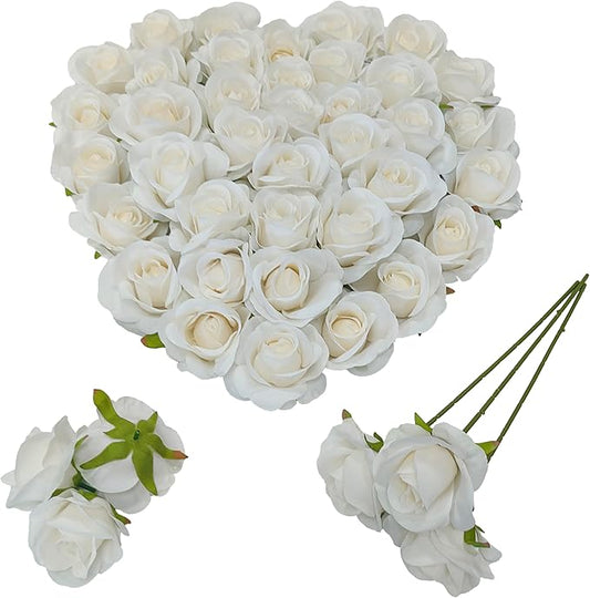 Artificial Satin Rose Flower Heads,42 Pcs Silk Rose Heads with Stems,3.5'' Rose Artificial Flowers Bulk,Artificial Rose Flower Heads for DIY Crafts Bouquet (42, White)