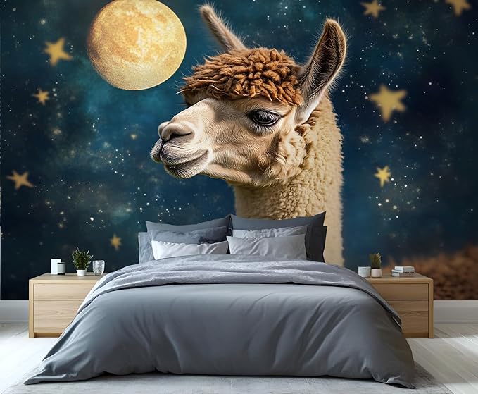 Starry Sky Alpaca Wall Mural, Dreamy Galaxy Moon Alpaca 3D Wall Murals, Cute Animal Wallpaper Mural, for Living Room Bedroom Large Wallpaper Indoor Decor 197" W x124.8 H