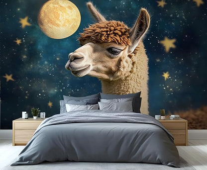 Starry Sky Alpaca Wall Mural, Dreamy Galaxy Moon Alpaca 3D Wall Murals, Cute Animal Wallpaper Mural, for Living Room Bedroom Large Wallpaper Indoor Decor 157.5" W x110.3 H
