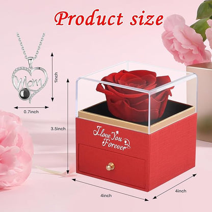 Preserved Roses Flowers Gifts for Mom: Red Real Rose with Necklace for Women Wife Grandma Daughter Sister
