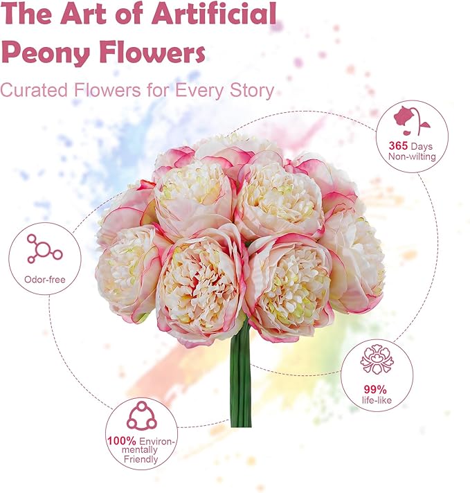 10PCS Champagne Purple Realistic Artificial Flowers Peony Fake Silk for Home Office Wedding Table Centerpieces Party Festival Bar Decoration Indoor