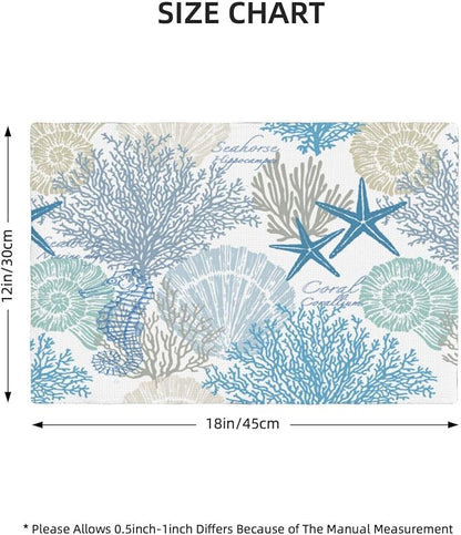Starfish Placemats, Watercolour Summer Blue Underwater Coral Seashells Starfish Seahorse Sea Animals Print Washable Fabric Placemats Table Kitchen Dining Party 12x18 Inch Set of 4