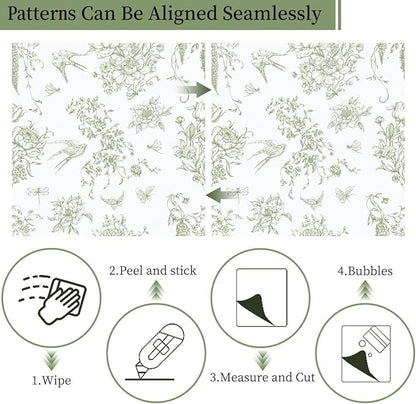 Floral Birds Wallpaper Peel and Stick Green and White Contact Paper 16.9”x 196.8” Vintage Floral Self Adhesive Removable Wallpaper Green Flower Contact Paper for Bathroom Kitchen Decor