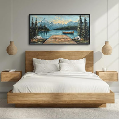 Rustic Lake Large Wall Art Forest Mountain Pictures Wall Decor Nature Landscape Big Canvas Painting Prints Framed Artwork Home Decorations Above Bed for Bedroom Living Room Dining Room 60"x30"