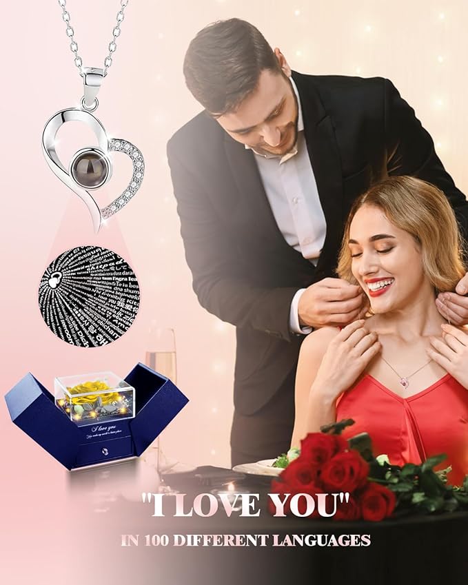 Birthday Gifts for Women, Preserved Real Roses with Heart Necklace I Love You in 100 Languages, Romantic Anniversary Wedding Gifts for Women Her Girlfriend Wife, Forever Roses Necklace Gift Box Yellow
