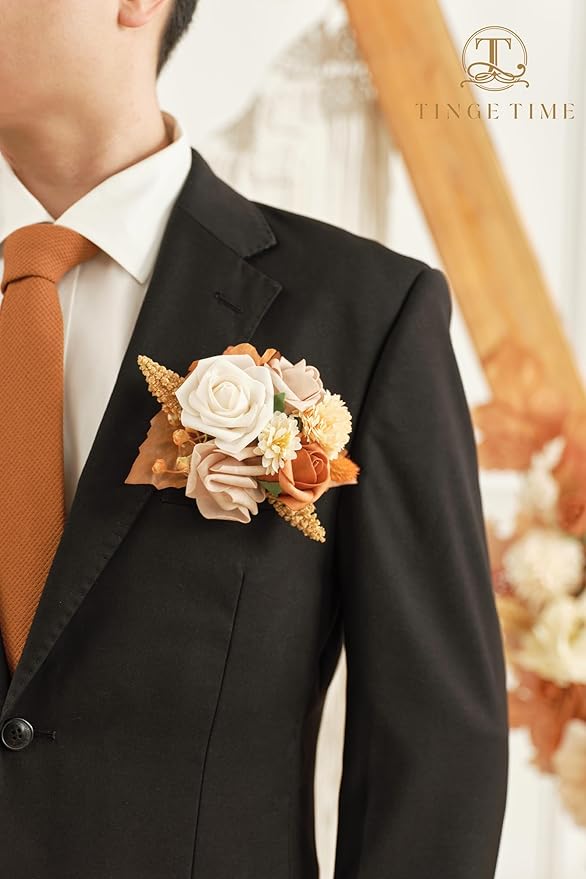 TINGE TIME Single Pocket Boutonniere for Man Groom, Best Man Boutonniere for Wedding, Prom, Homecoming, Anniversary, Graduation, Christmas Dinner(BurntOrange)
