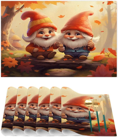 Fall Gnomes Cute Placemats Set of 1 PVC Vinyl Non Slip Table Mats Heat Resistant Place Mats Washable Wipeable Dining Table Mat for Kitchen Decor Party Indoor Outdoor Decorative Gift