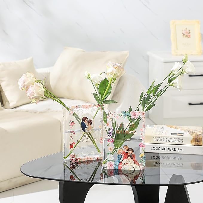 Book Vase, Acrylic Book Vase for Flowers, A Book About Flowers Vase, Book Shaped Vase, Book Flower Vase Clear, Modern Decorative Vase for Living Room, Bathroom, Office, Shelf, Set of 2