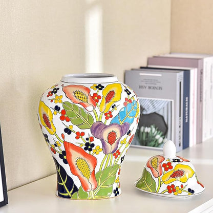 Sungmor Decorative Ceramic Ginger Jar with Lid, Floral Pattern Porcelain Temple Storage Jar, 14" Hand Painted Ceramic Flower Vase for Centerpiece, White Glazed Vase for Flower Arrangement, Home Decor