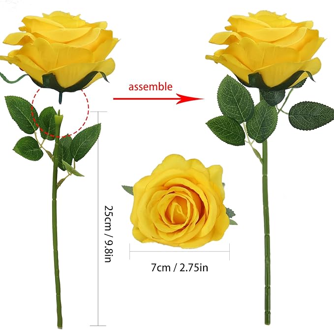Felice Arts 12 Pack Yellow Artificial Flowers with Stems Silk Roses Fake Flowers Bouquet for Wedding Centerpiece Table Vase Home Kitchen Party DIY Decor