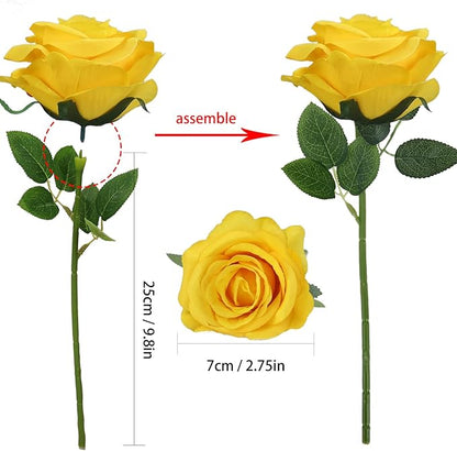 Felice Arts 12 Pack Yellow Artificial Flowers with Stems Silk Roses Fake Flowers Bouquet for Wedding Centerpiece Table Vase Home Kitchen Party DIY Decor
