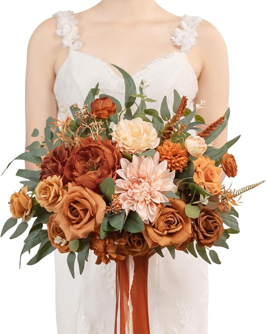 TINGE TIME 13 inch Terracotta Wedding Bouquets for Bride, Bridal Bouquet for Bride, Artificial Silk Rose for Graduation Bouquet, Fake Flowers for Fall Wedding Ceremony and Anniversary