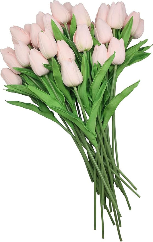 10-Heads Home Decor Mini Tulip Real Touch Tulip Artificial Flowers Bouquets for Home Wedding Party Centerpiece Decoration (Light Pink)
