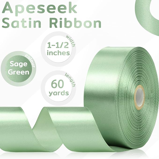 60 Yards Sage Green Satin Ribbon 1-1/2 Inch, Solid Light Green Polyester Fabric Ribbon for Gift Wrapping, Crafts, Flower Bouquet, Wedding, Baby Shower, Easter, Christmas