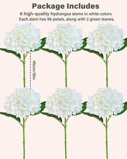 6PCS Premium White Hydrangea Artificial Flowers Bouquets, Ivory Silk Hydrangea Flowers Heads with Stems, Fake Hydrangeas Flowers Arrangement, Faux Hydrangea Decor for Home Wedding Party Baby Shower