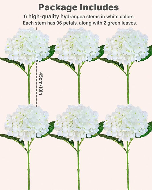 6PCS Premium White Hydrangea Artificial Flowers Bouquets, Ivory Silk Hydrangea Flowers Heads with Stems, Fake Hydrangeas Flowers Arrangement, Faux Hydrangea Decor for Home Wedding Party Baby Shower