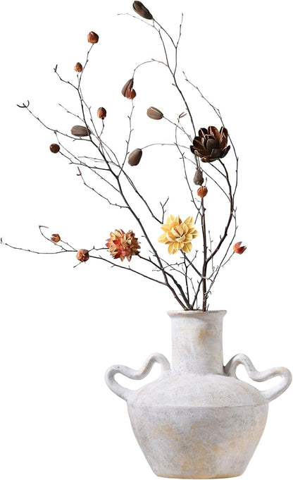 7.5 in Rustic Ceramic Farmhouse Vase with 2 Handles,Glazed Beige and Yellow Vintage Pottery Jar with Black Distressed Eroded Texture Finish,Boho for Home Decor,Tabletop,Mantel,or Living Room