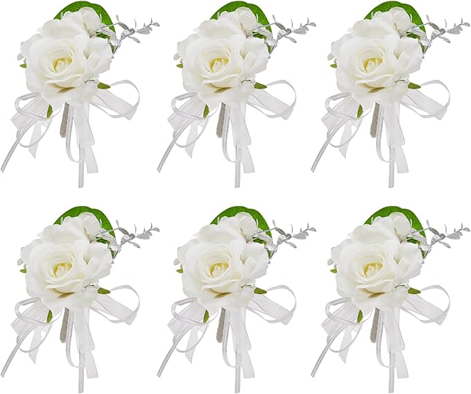 Meldel White Boutonniere for Men, Set of 6, Groom Groomsman Boutonnieres for Wedding, Suit Flower Silver Rose Corsage for Prom Graduation Ceremony Engagement Anniversary