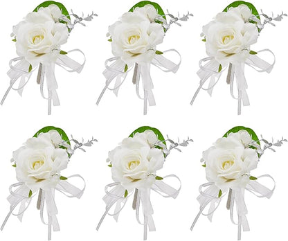 Meldel White Boutonniere for Men, Set of 6, Groom Groomsman Boutonnieres for Wedding, Suit Flower Silver Rose Corsage for Prom Graduation Ceremony Engagement Anniversary