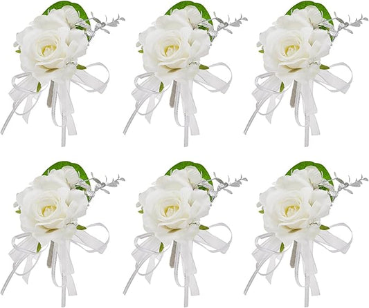 Meldel White Boutonniere for Men, Set of 6, Groom Groomsman Boutonnieres for Wedding, Suit Flower Silver Rose Corsage for Prom Graduation Ceremony Engagement Anniversary