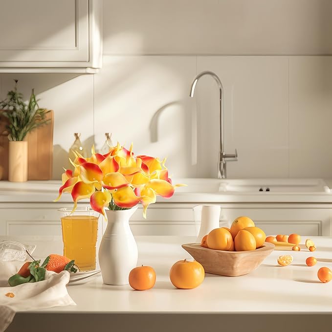 SITUMEIZI 24 PCS Orange Fake Flowers Artificial Calla Lily Silk Flowers Real Touch for Mother's Day Easter Home Kitchen Decor Wedding Bouquet Office Spring Decoration