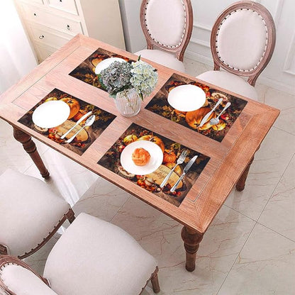 PVC Placemats Set of 4 Wipeable Table Mats Washable Heat Resistant Non Slip Vinyl Dining Table Mat for Kitchen Indoor Outdoor Patio Farmhouse Place Mats Thanksgiving Pumpkin Decorate Decorative