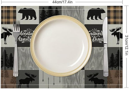Rustic Cabin Placemats Bear Deer Moose Hunting Plaid Check Art Printed Dining Table Mats Set of 4 for Home Kitchen Holiday Picnic Party Decor 12x18in