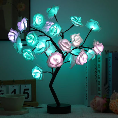 Rose Flower Tree Lamp - LED Rose Tree Table Lamp USB/Battery Powered Artificial Bonsai Flower Night Light for Bedroom Living Room Party Wedding Valentines Mothers Day Decor (White)