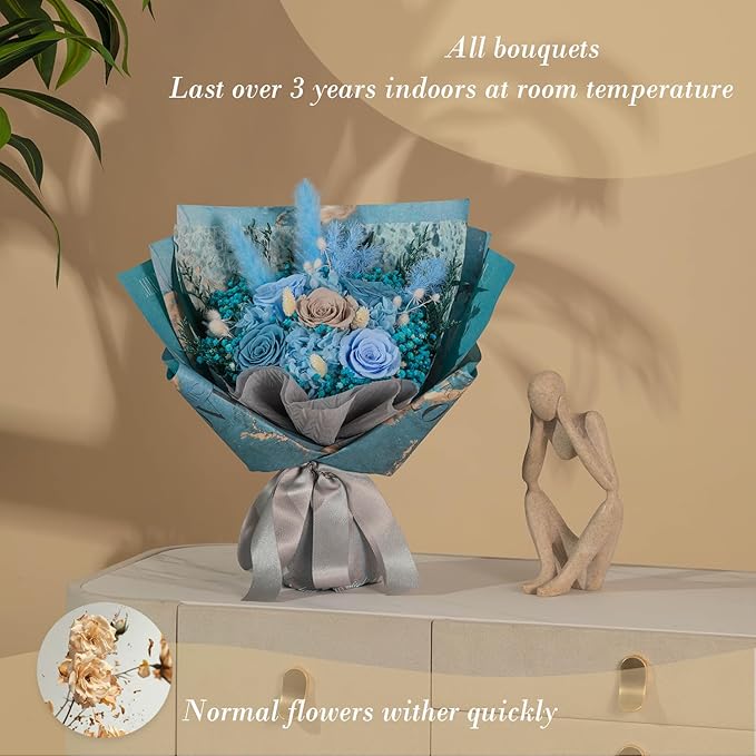 Large Preserved Roses Bouquet - Eternal Flowers for Delivery Prime,1-3 Years Long Lasting Real Roses Gift for Women,Mom Wife - Elegant Home Decor for Mother's Day,Anniversary,Valentine's Day(Bule)