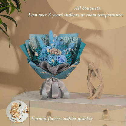 Large Preserved Roses Bouquet - Eternal Flowers for Delivery Prime,1-3 Years Long Lasting Real Roses Gift for Women,Mom Wife - Elegant Home Decor for Mother's Day,Anniversary,Valentine's Day(Bule)