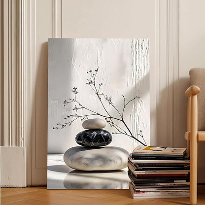 Gray and black stone pile and dried flowers poster canvas wall art in harmony Minimalist wall art for tranquil homes and mindful spaces 8x12in Wood Framed
