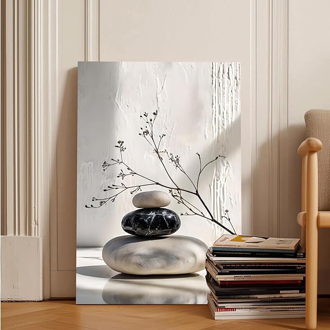 Gray and black stone pile and dried flowers poster canvas wall art in harmony Minimalist wall art for tranquil homes and mindful spaces 24x36in Frameless