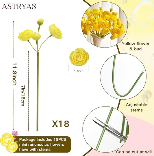 ASTRYAS 18Pcs Ranunculus Artificial Flowers, Yellow Faux Silk Mini Peony Flowers Fake Peonies Wedding Flowers DIY Bouquet for Centerpieces Arrangements Bridal Shower Decorations