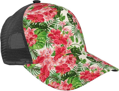 Tropical Pink Flowers Hats Women Men Hawaii Trucker Hat Adjustable Snapback Mesh Baseball Cap Hat