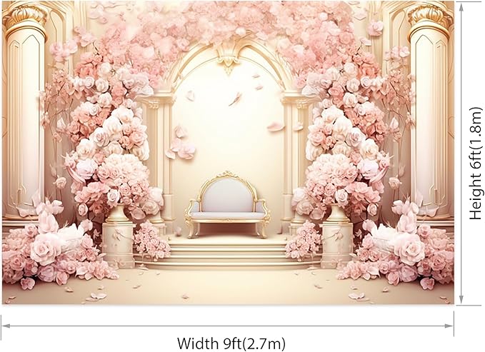 AOFOTO 9x6ft Wedding Backdrop Palace Hall Wall Spring Pink Flower Arch Background for Photography Bridal Shower Valentine's Day Prom Decoration Banner Girl Portrait Photo Booth Backdrop
