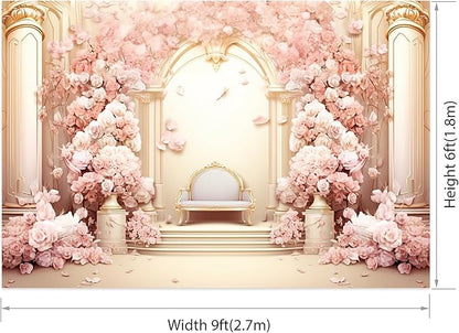 AOFOTO 9x6ft Wedding Backdrop Palace Hall Wall Spring Pink Flower Arch Background for Photography Bridal Shower Valentine's Day Prom Decoration Banner Girl Portrait Photo Booth Backdrop