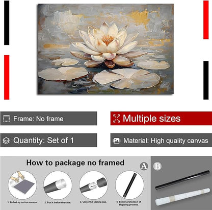 Ethereal white lotus floating on Crystal Waters poster vintage oil painting printwall art soft blush and gold accents serene home and office decor dreamy 12x18in Frameless