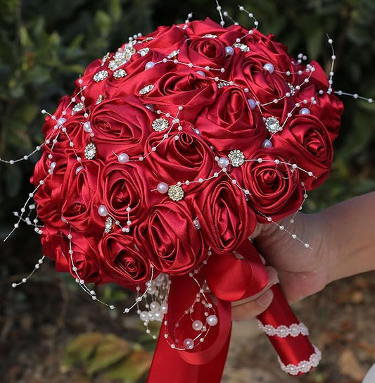 Bridal Wedding Bouquet Round Bling Brooch Bouquet Throw Toss Artificial Rose Flower Bunch for Bride Bridesmaid Wedding Quinceanera(Ruby Red, 8.7")