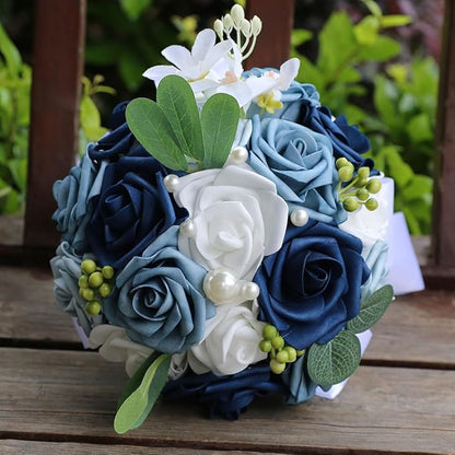 Lightweight Bridal Wedding Bouquet Round Holding Bouquet Throw Toss Artificial Rose Flower Bunch for Bride Bridesmaid Wedding Quinceanera (White & Shades of Blue, 6.7")