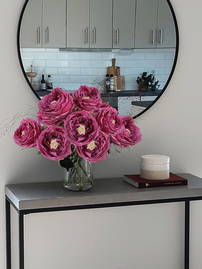 YalzoneMet 3.5'' Big Bloom Fuchsia Red Rose Artificial Flowers 4Pcs Real Touch Purple Rose Faux 17.7'' Long Stem Austen Roses Peonies Fake Flowers for Home Kitchen Party Christmas Flower Wedding Decor