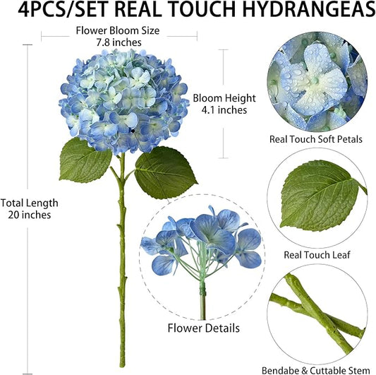 4 Pcs Real Touch Blue Hydrangeas Artificial Flowers 20'' Real Looking Faux Hydrangeas for Party Wedding Home Decor Kitchen Baby Shower Flower Arrangement