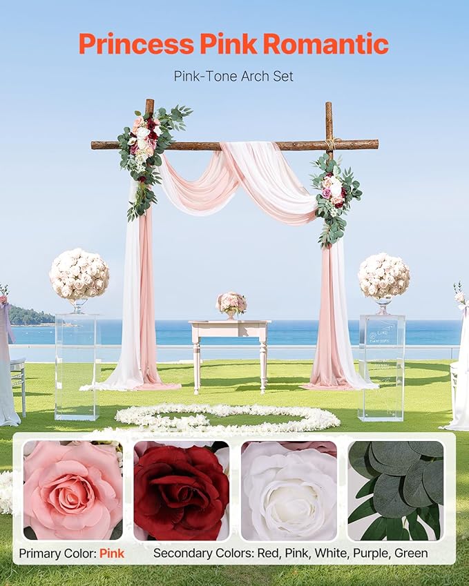 VEVOR Artificial Wedding Arch Flowers Kit, Pink Wedding Arch Flowers with Drapes Kit- 2 Pcs Floral Arrangement, 2 Pcs Sheer Drapes, for Ceremony Bouquets Reception Backdrop Decoration（No include wood）