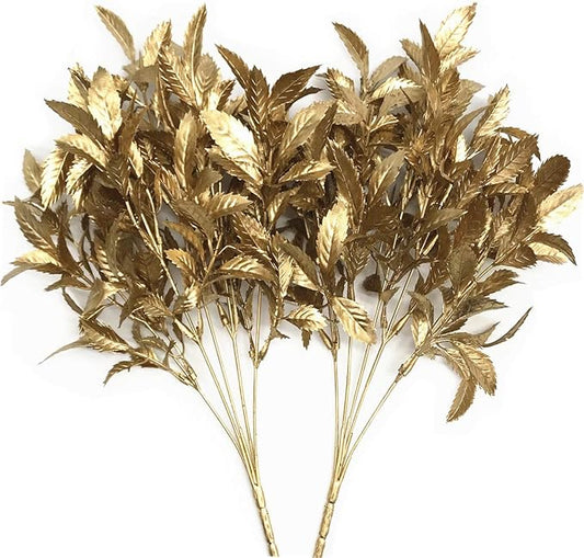 PASYOU Christmas Artificial Plants Decoration, Plastic Grass Fake Shrubs Simulation Leaves Indoor Outdoor Home Garden Planter Filler Party Hotel Verandah Wedding UV Resistant DIY Decor - Gold 2 Pack