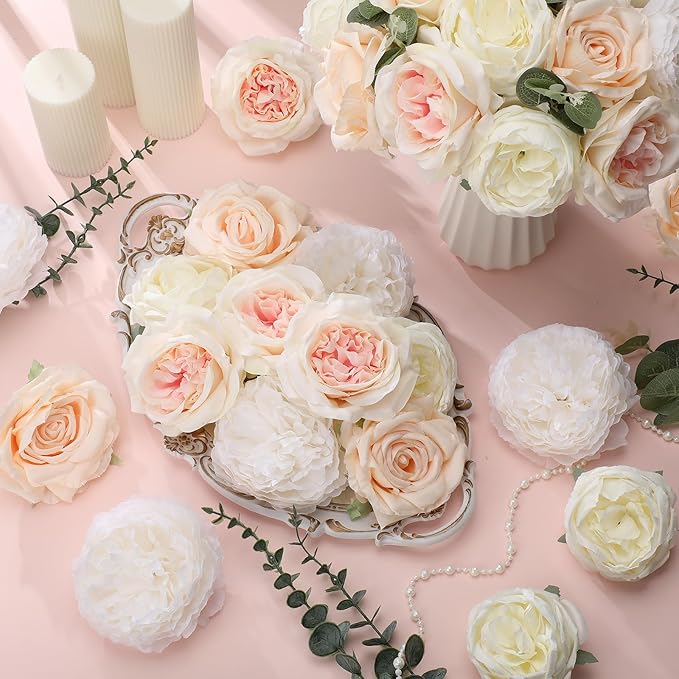 98 Pcs Assorted Faux Flowers Heads with Stem Eucalyptus Leaves Silk Artificial Flowers Bouquet Floral Table Centerpieces for DIY Wedding Party Wreath Home Decoration(Champagne,Stylish Style)