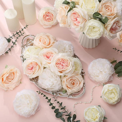 98 Pcs Assorted Faux Flowers Heads with Stem Eucalyptus Leaves Silk Artificial Flowers Bouquet Floral Table Centerpieces for DIY Wedding Party Wreath Home Decoration(Champagne,Stylish Style)