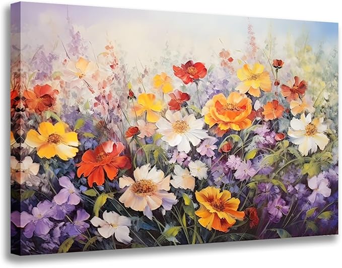 GLOKAKA Flowers Wall Art Colorful Landscape Lush Wildflowers Painting Print on Canvas Purple Yellow Floral Daisy Flower Picture for Home Bedroom Office Decor (Lush Flowers, 30"x20")